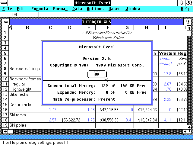 Microsoft Excel 2.1d - About
